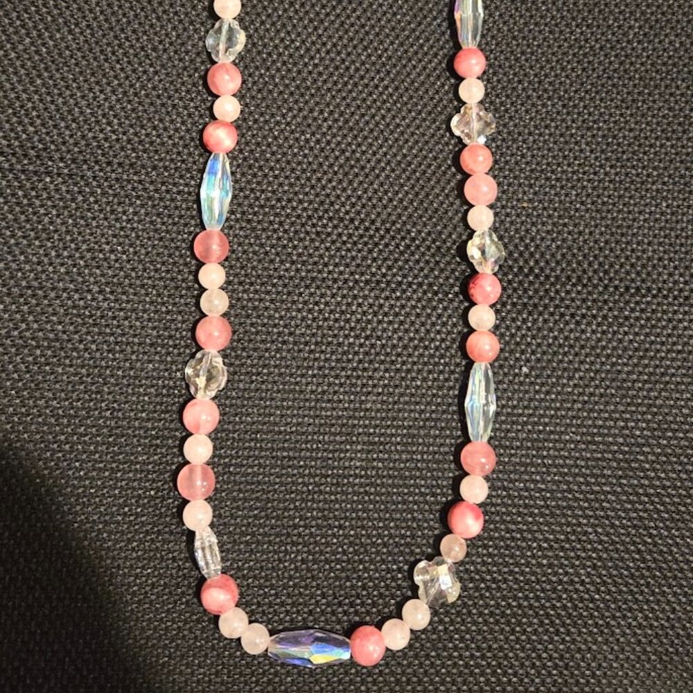 Long Pink Cherry Quartz & AB Crystal Necklace w rose quartz bead~ 26 Inches long